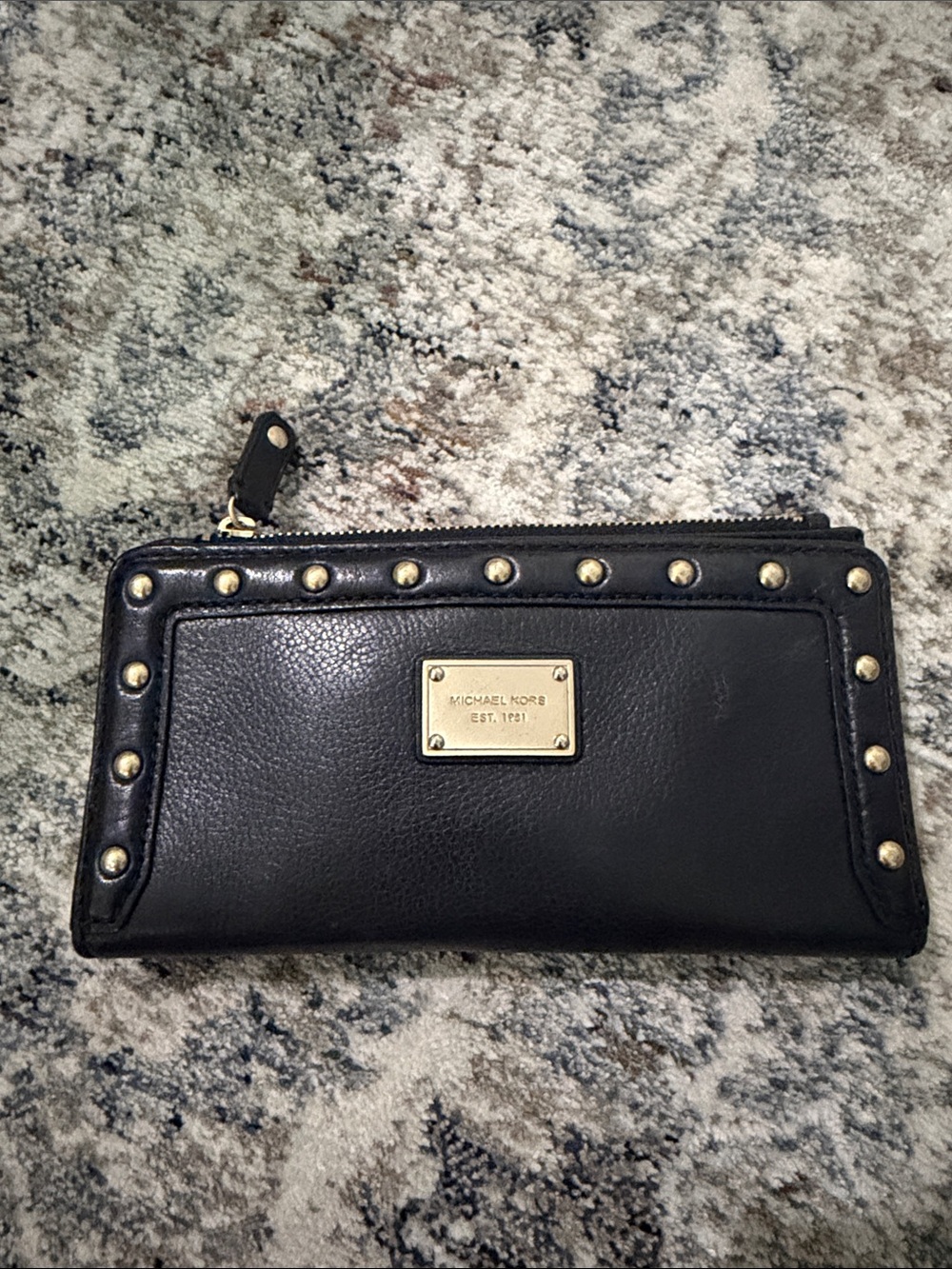 Michael Kors Black Leather Studded Zip-Around Wallet with Gold Plate